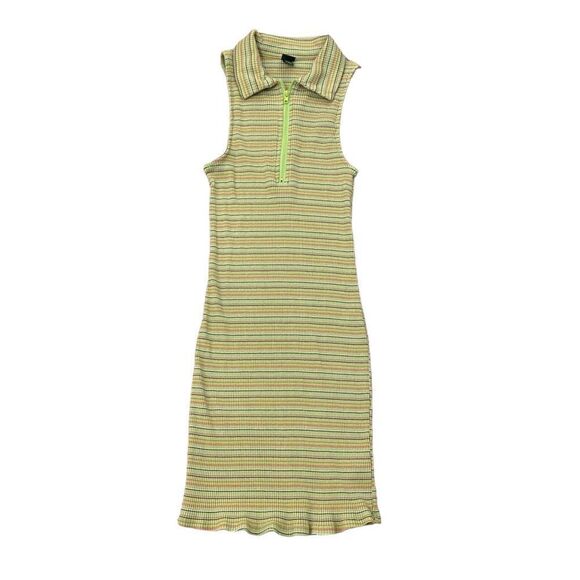 Y2K Lime Green Striped Sleeveless Zip Front Bodycon Casual Streetwear Midi Dress - Picture 3 of 6